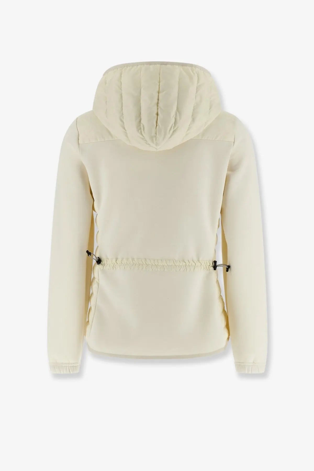 Moncler Grenoble women’s cream-colored quilted neoprene jacket with hood drawstring waist and black toggle closures