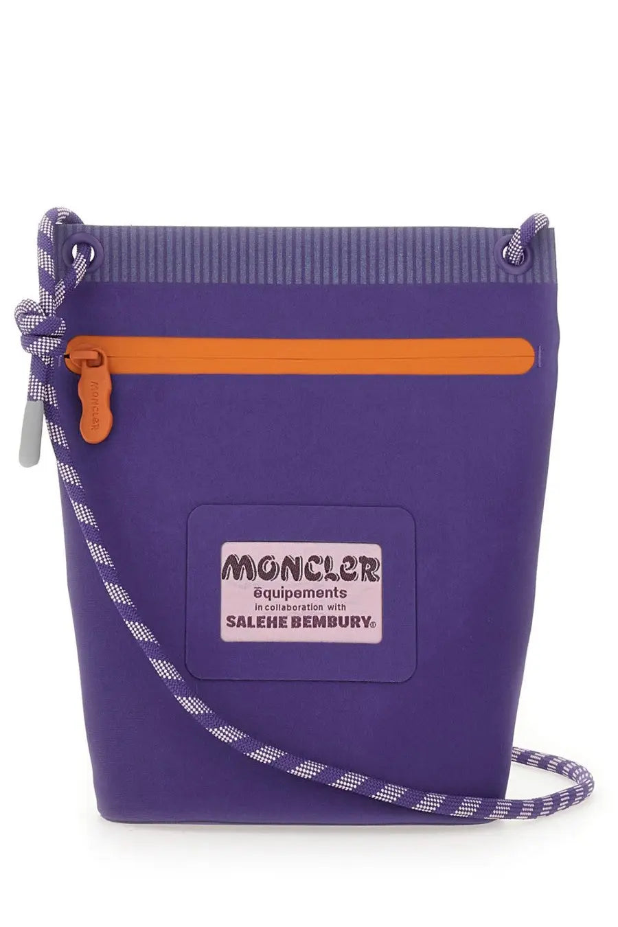 Purple moncler men’s amoeba crossbody bag by salehe bembury with orange zipper and patterned rope strap