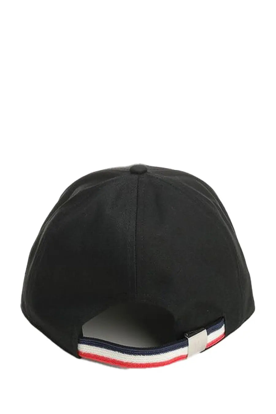 Back view of moncler men’s black baseball hat with red white and navy blue striped fabric tab