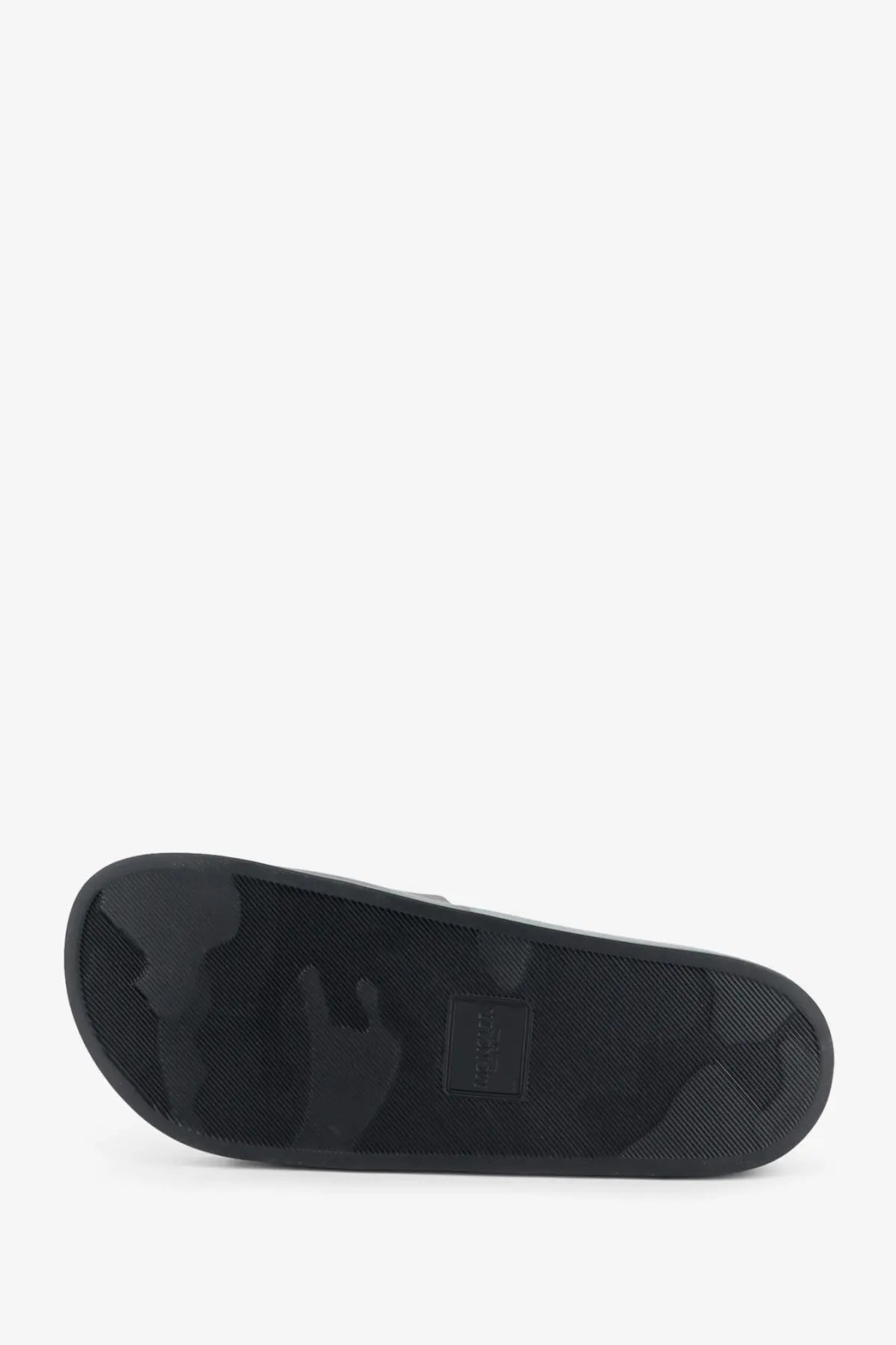 Moncler men’s Basile black slide sandal with black camouflage pattern rubber sole and embossed brand label