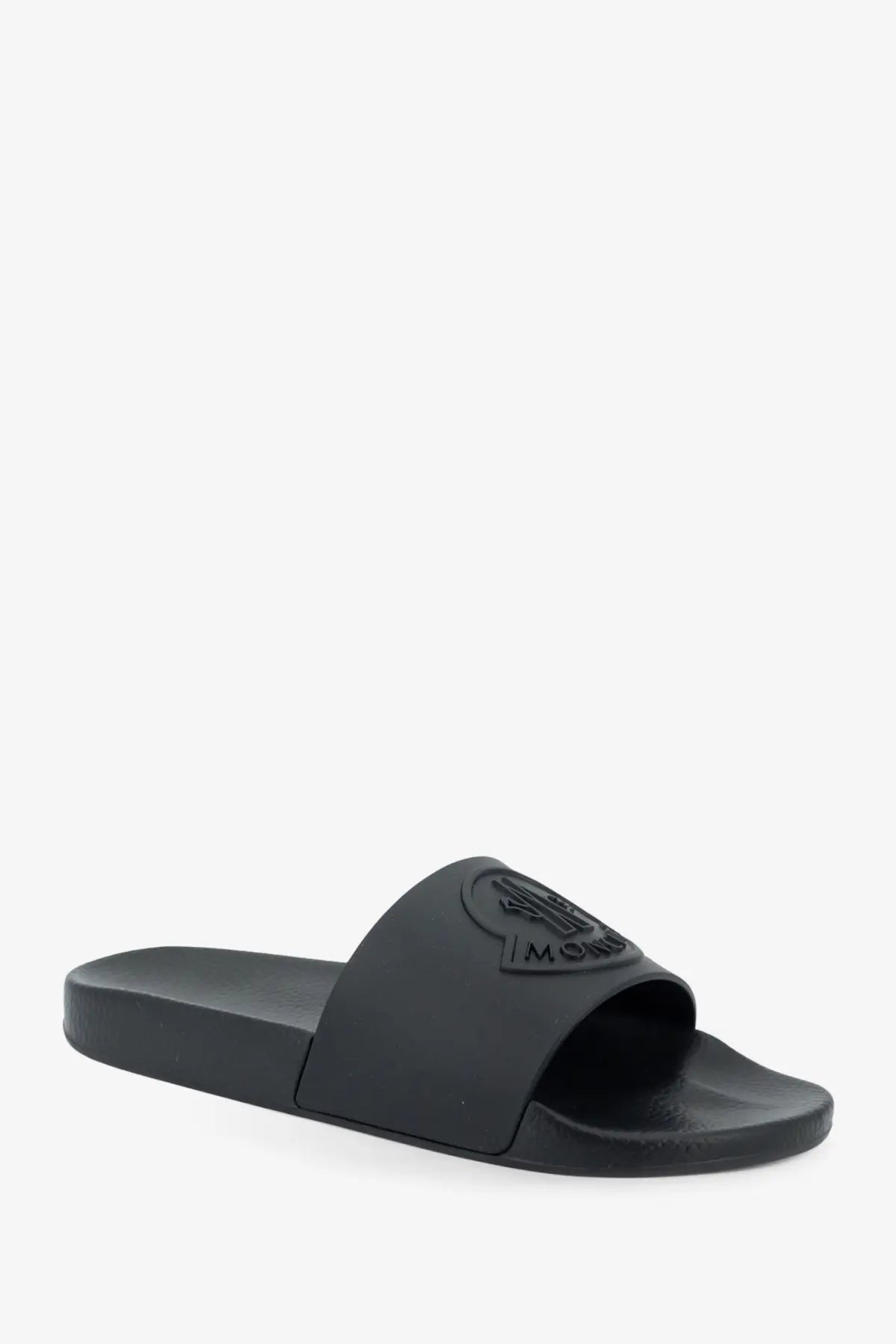 Black Moncler men’s Basile slide sandal with matte rubber sole and embossed logo on the strap