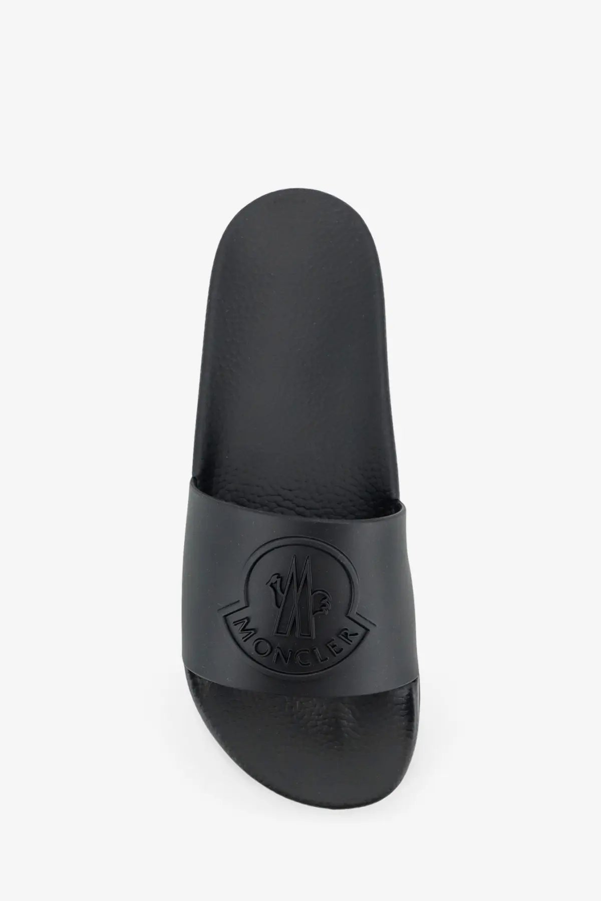Black moncler men’s basile rubber slide sandal with matte finish and embossed logo on strap