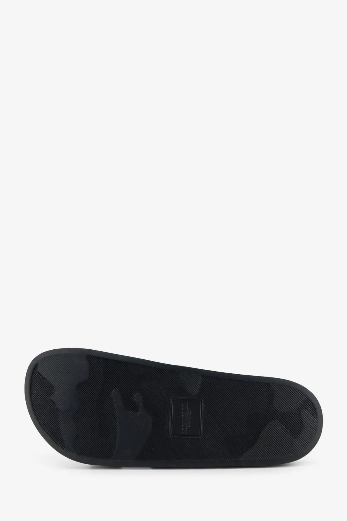 Moncler men’s Basile rubber slip-on sandal in black camouflage with textured sole and small rectangular brand label