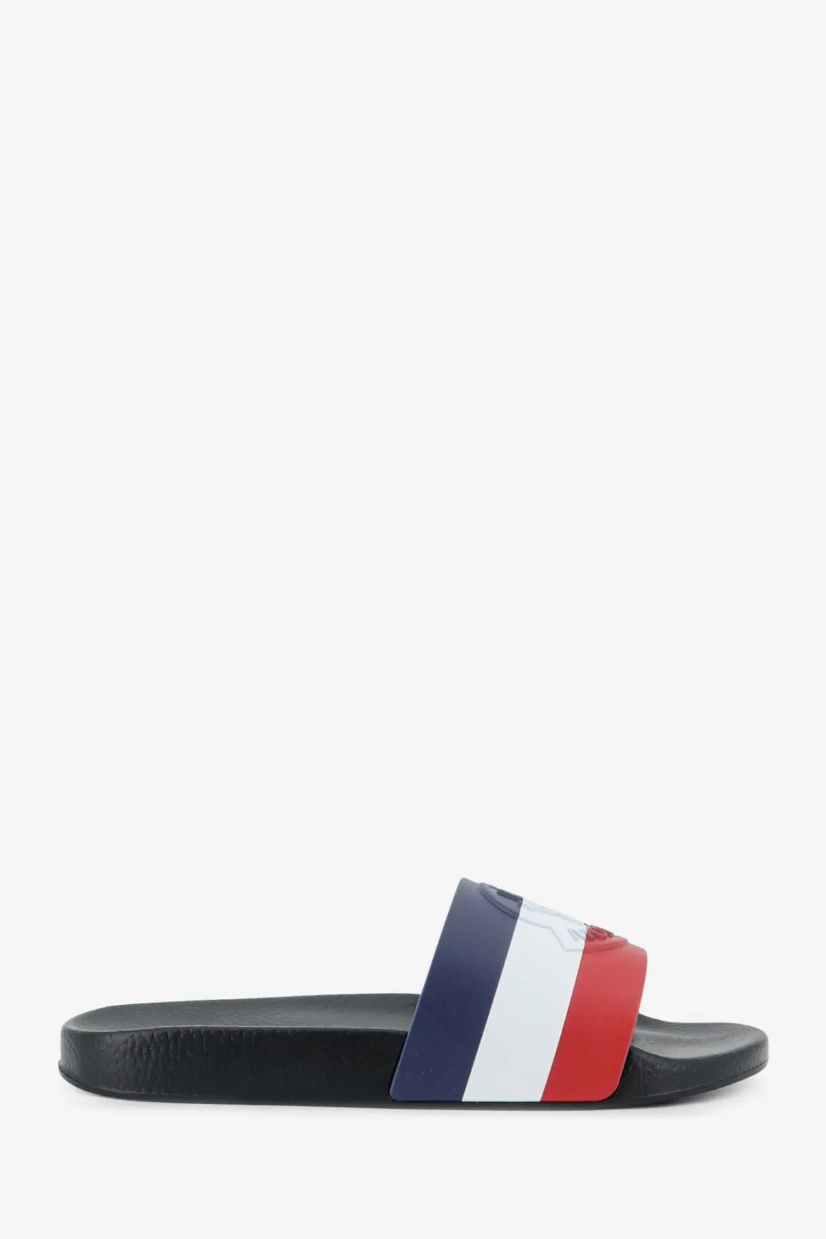 Moncler men’s basile rubber sandals in black with a navy blue white and red striped strap