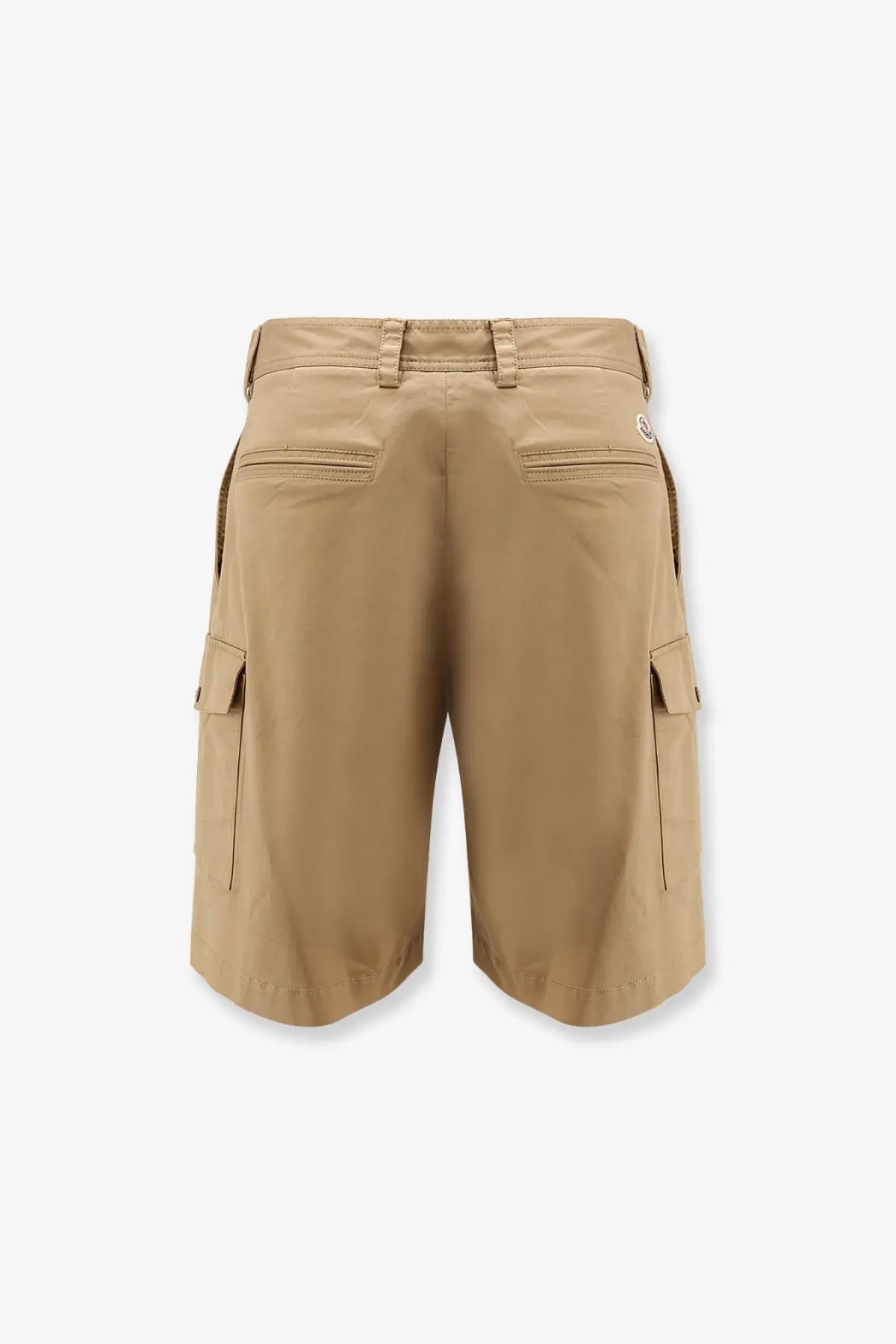Beige moncler men’s cargo cotton shorts with two side pockets and small logo patch on the back waistband shown from back