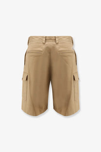 Beige moncler men’s cargo cotton shorts with two side pockets and small logo patch on the back waistband shown from back