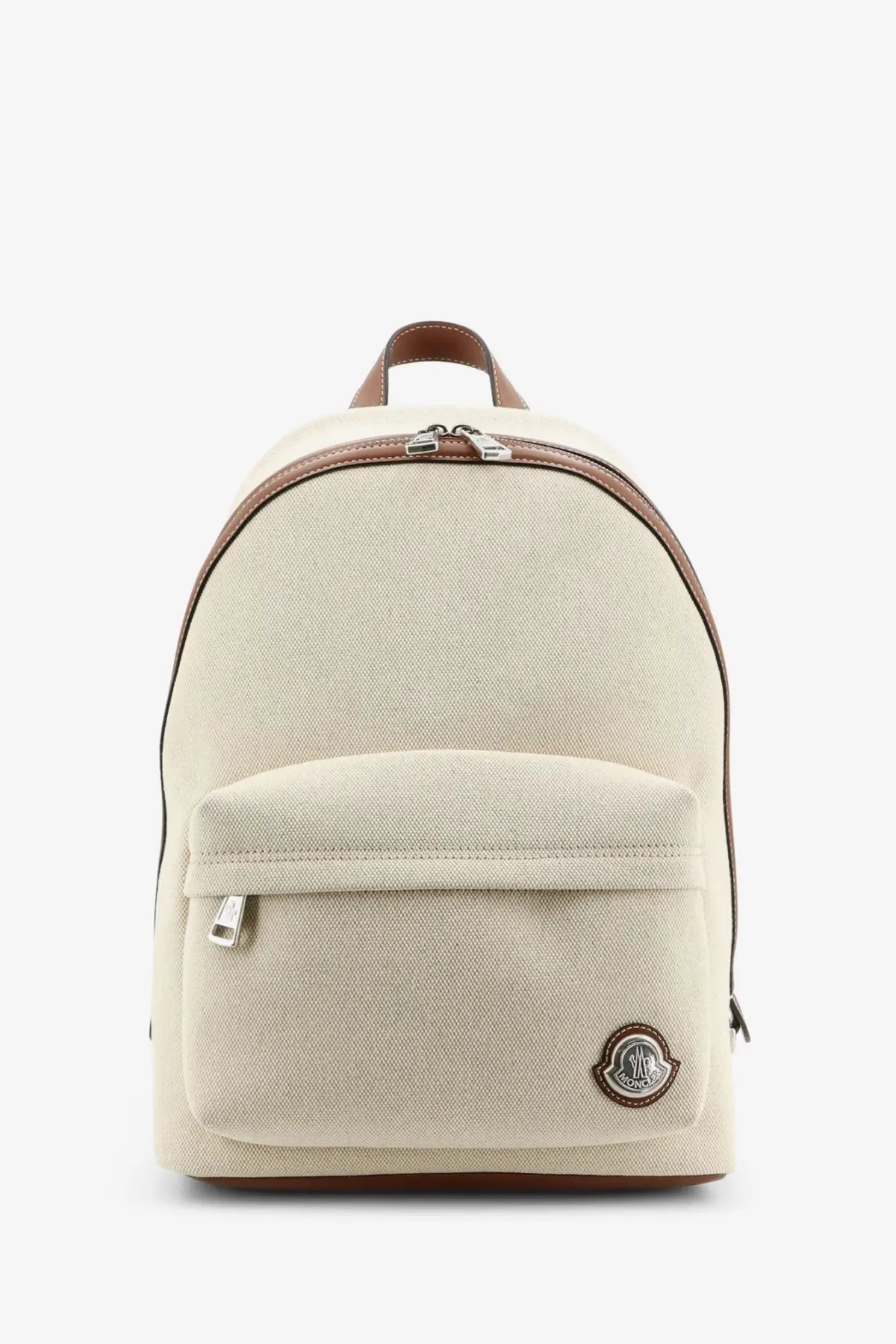 Moncler men’s Carlo canvas backpack white in beige with brown leather trim silver zippers and circular logo patch on front