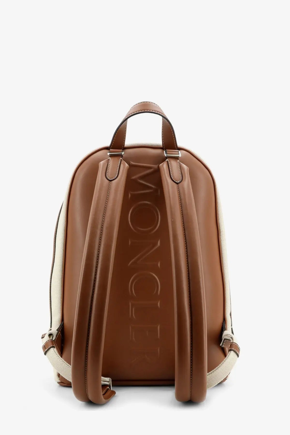 Brown leather moncler men’s carlo canvas backpack with embossed branding and beige fabric accents in white