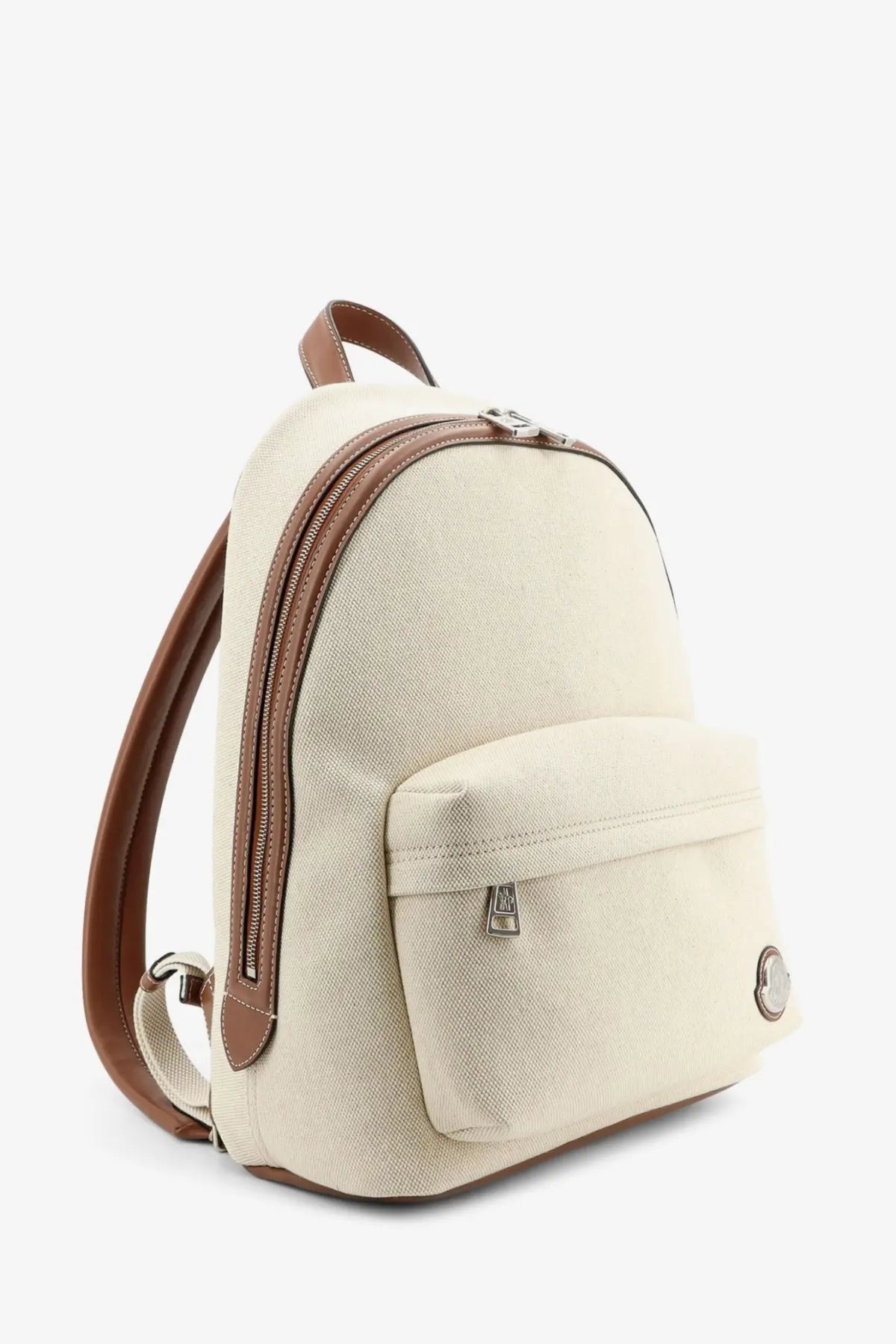 Moncler men’s carlo canvas backpack white in cream canvas with brown leather trim and zippers for stylish carrying