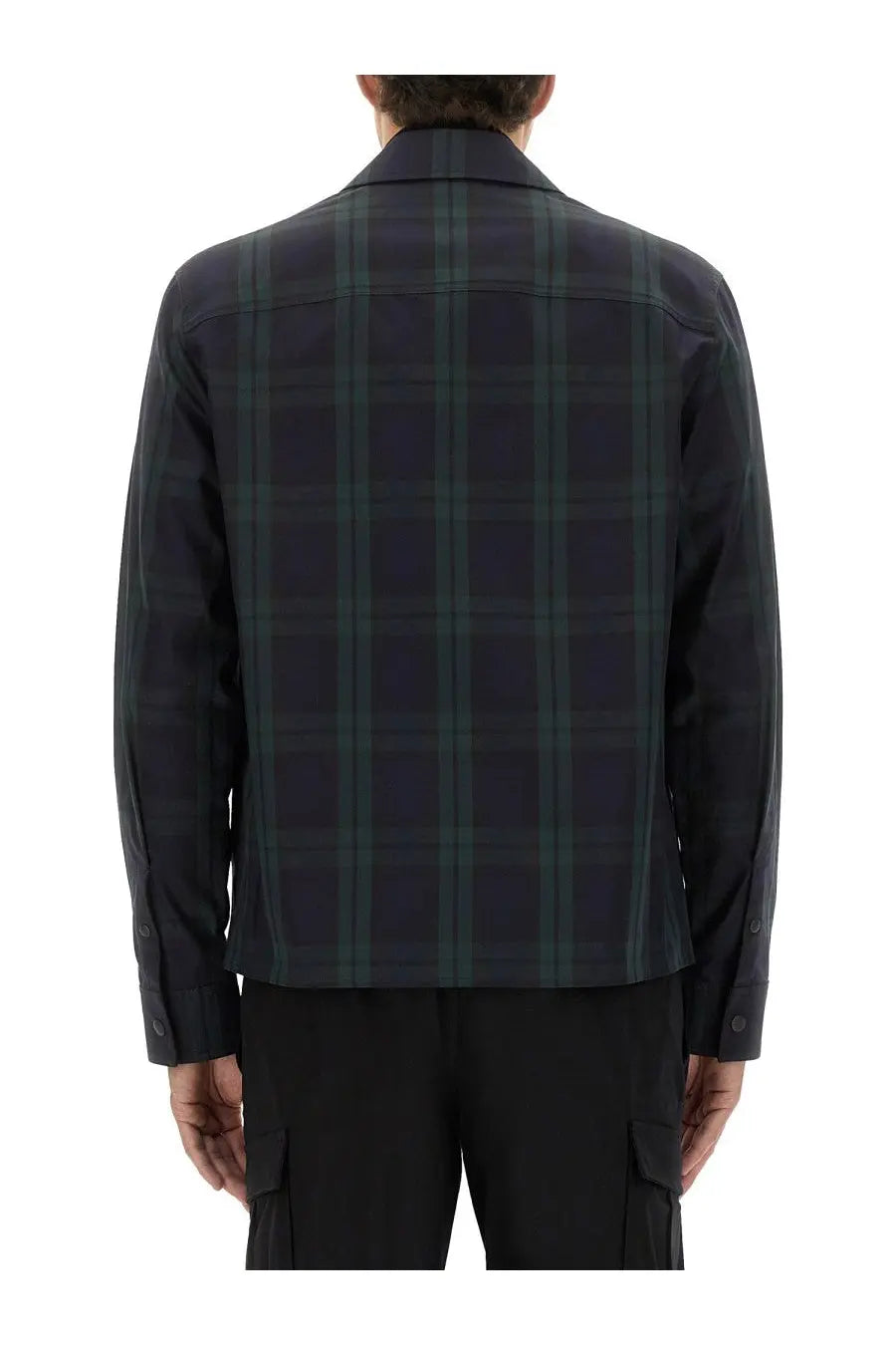 Moncler men’s checked cotton gabarine shirt jacket in dark green and navy plaid with structured collar