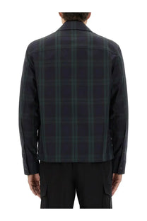 Moncler men’s checked cotton gabarine shirt jacket in dark green and navy plaid with structured collar