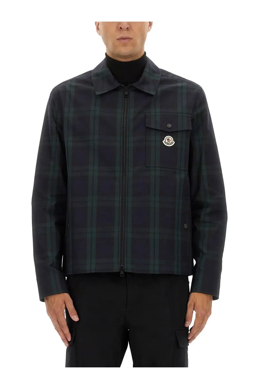 Moncler men’s checked cotton gabarine shirt jacket in dark green and black plaid with front zipper and chest logo patch