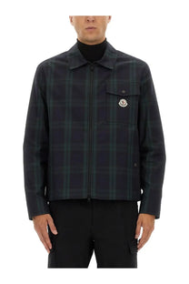 Moncler men’s checked cotton gabarine shirt jacket in dark green and black plaid with front zipper and chest logo patch