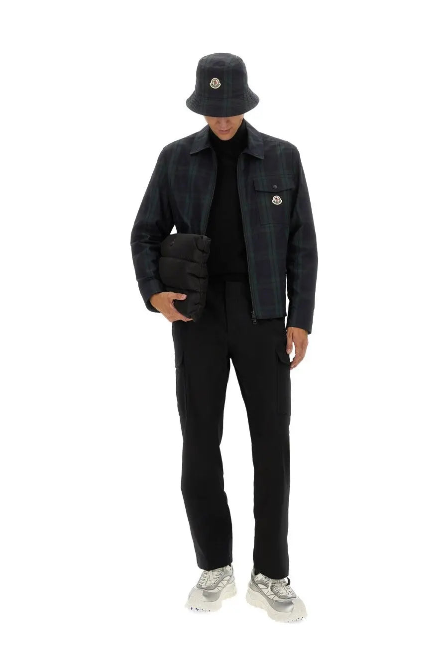 Dark navy moncler bucket hat with subtle embroidered logo paired with men’s checked cotton gabardine shirt jacket black