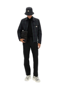 Dark navy moncler bucket hat with subtle embroidered logo paired with men’s checked cotton gabardine shirt jacket black