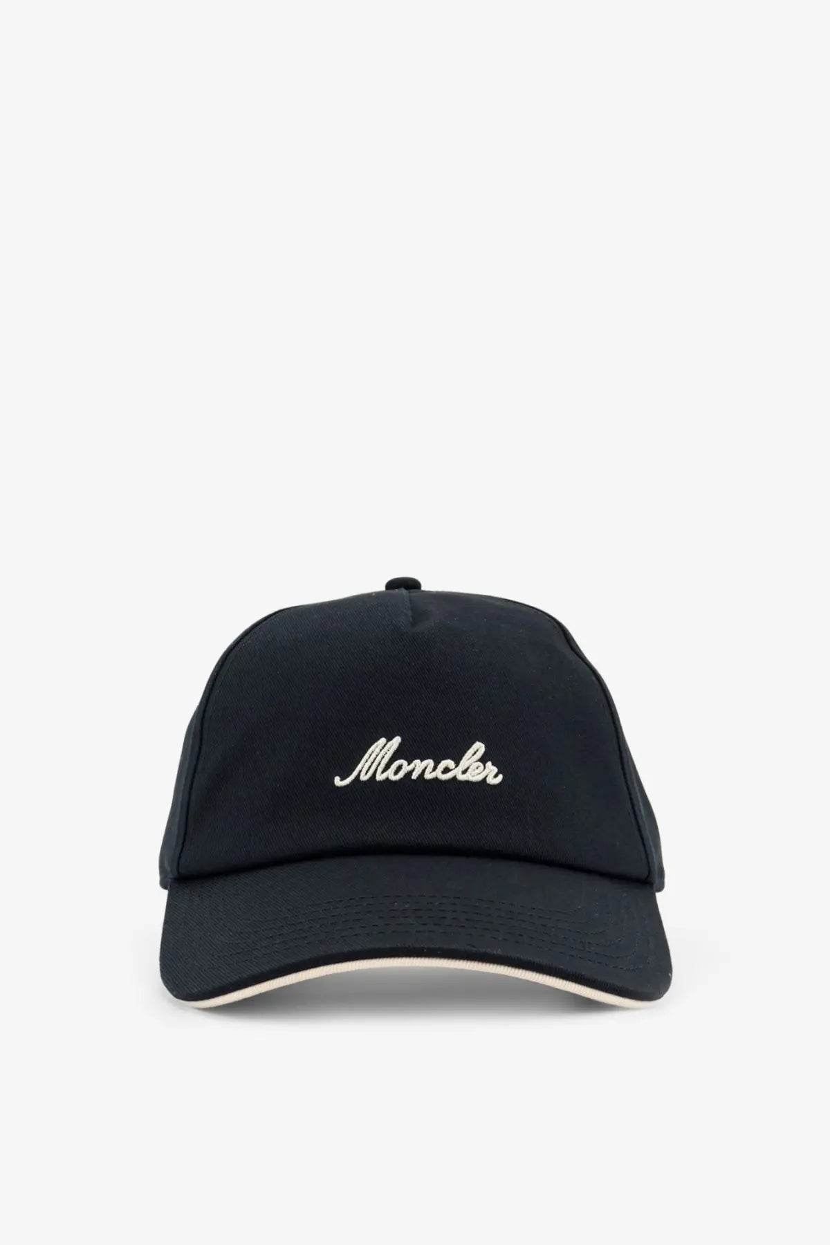 Moncler men’s black cotton baseball hat with white embroidered logo and beige trim for casual wear