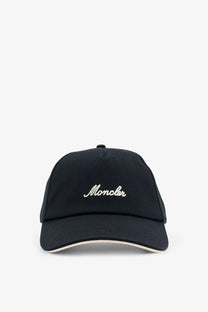 Moncler men’s black cotton baseball hat with white embroidered logo and beige trim for casual wear