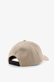 Beige cotton baseball cap with black adjustable strap and embroidered logo showing the back side by moncler men