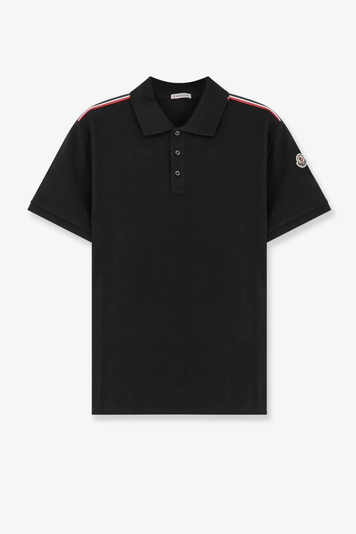 Moncler men’s black cotton polo shirt with red and white striped shoulder accents and circular sleeve logo
