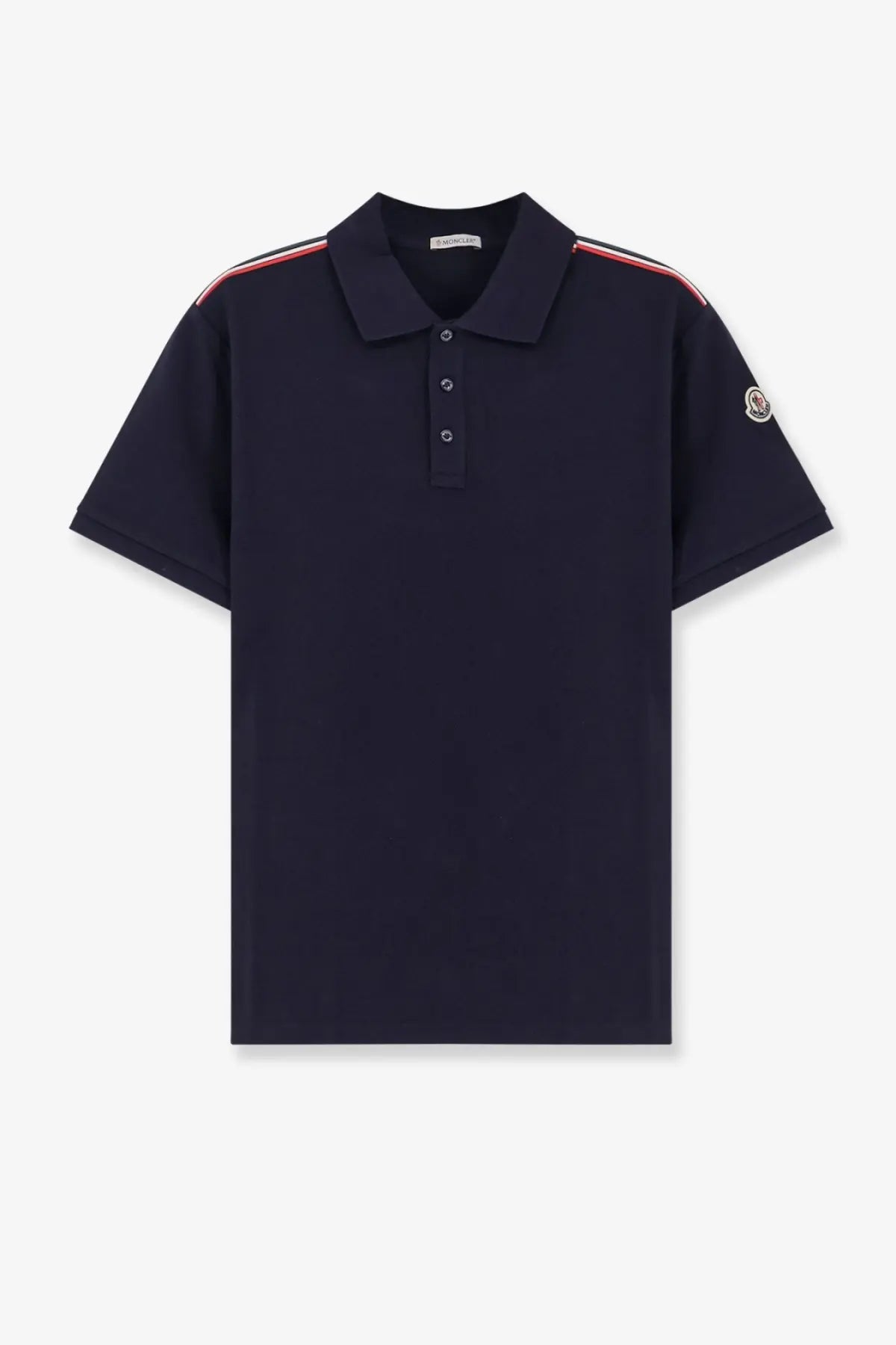 Navy blue Moncler men’s cotton polo shirt with red and white striped shoulder accents and circular sleeve logo