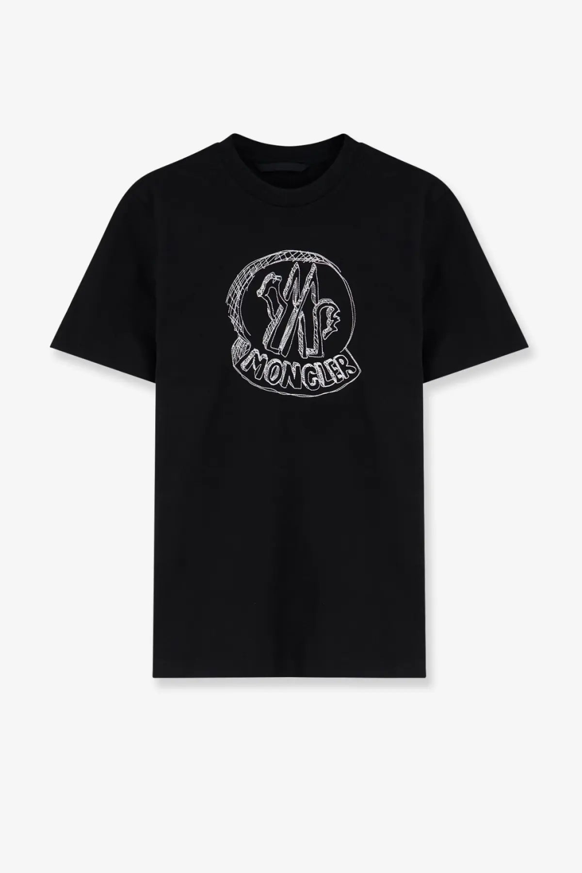 Moncler men’s black cotton t-shirt with white embroidered circular logo and stylized brand lettering