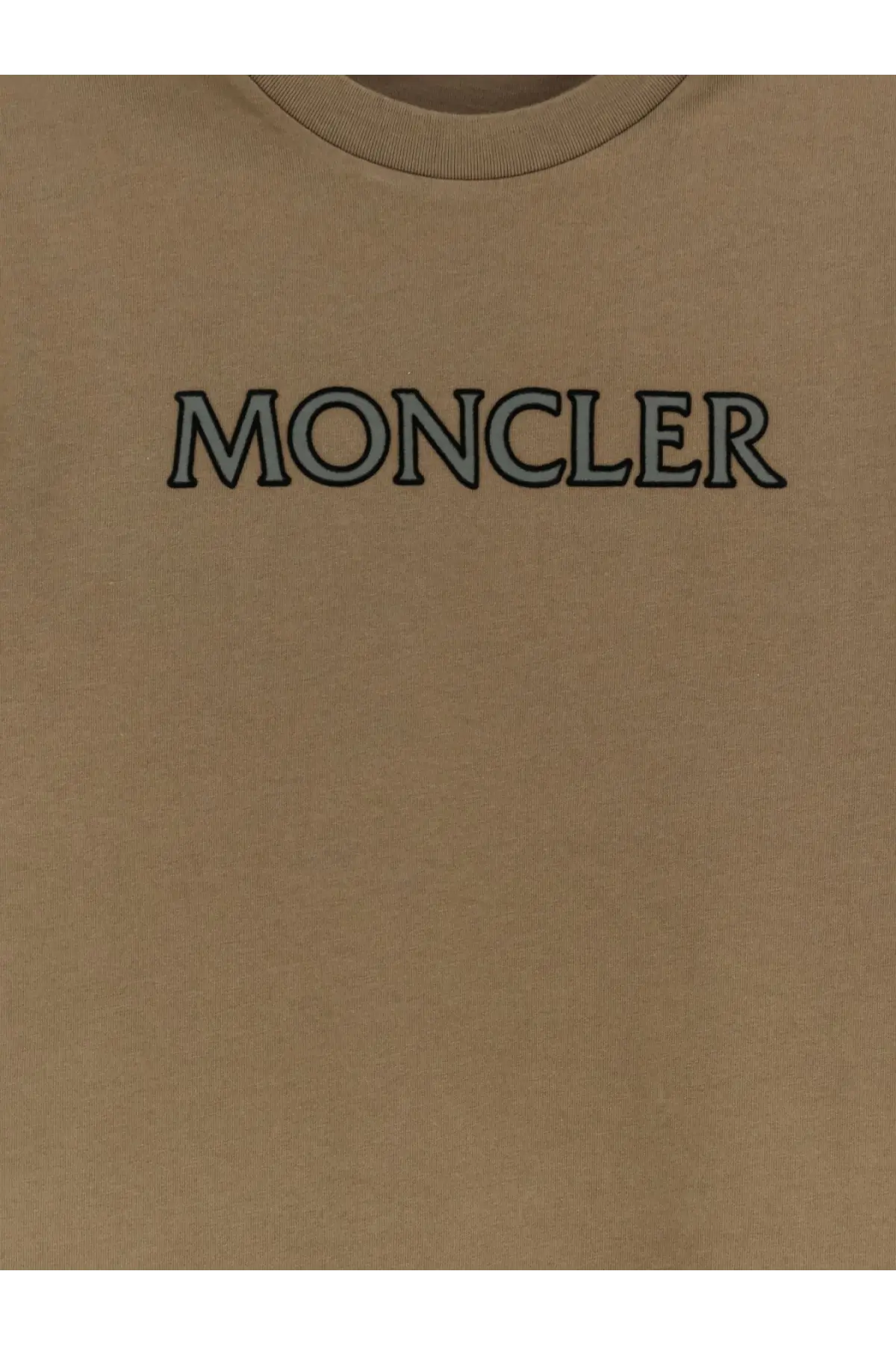 Beige moncler cotton crewneck t-shirt with black embroidered logo for men styled with blue product details