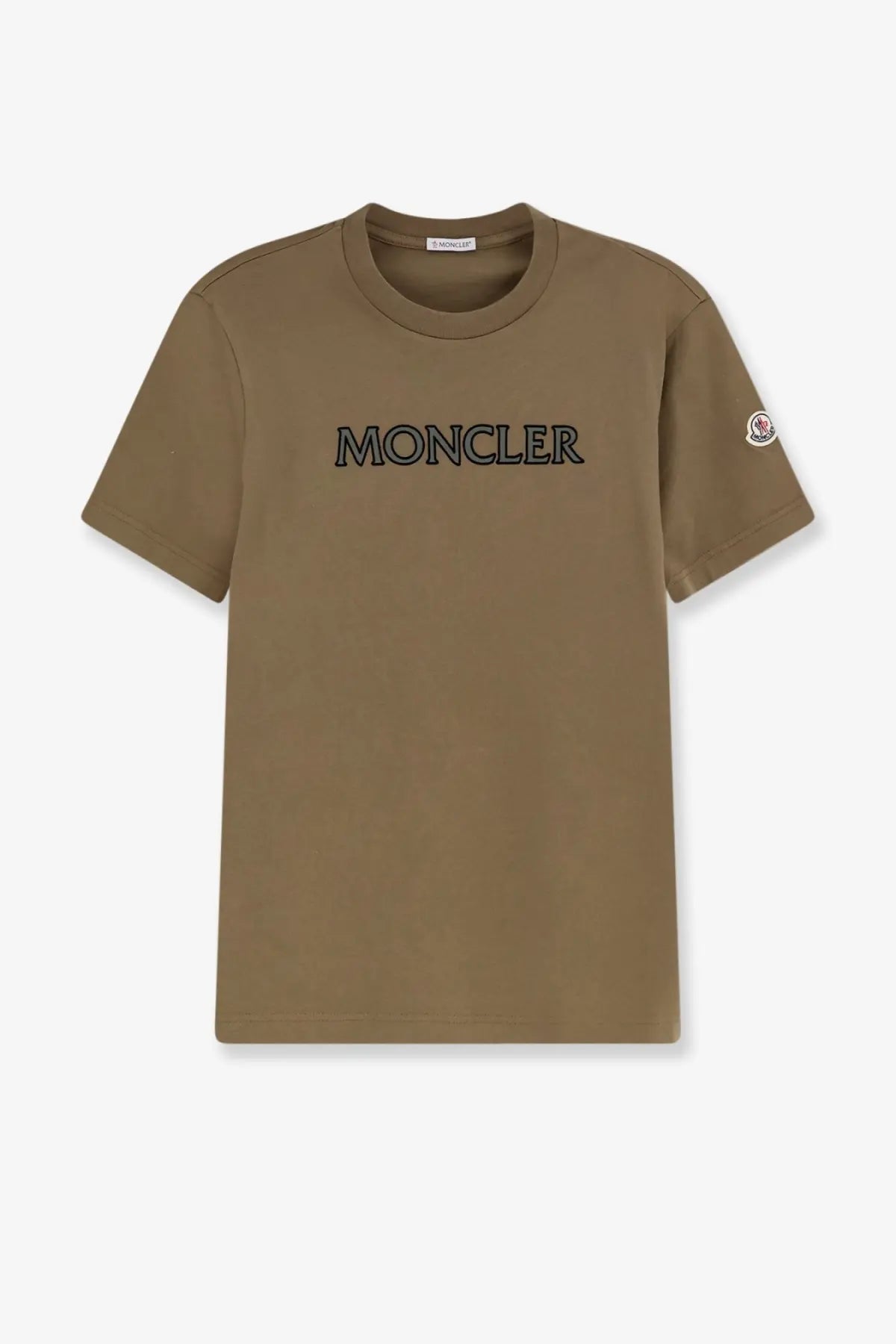 Moncler men’s cotton short-sleeved khaki t-shirt with black embroidered logo and circular brand patch on the sleeve