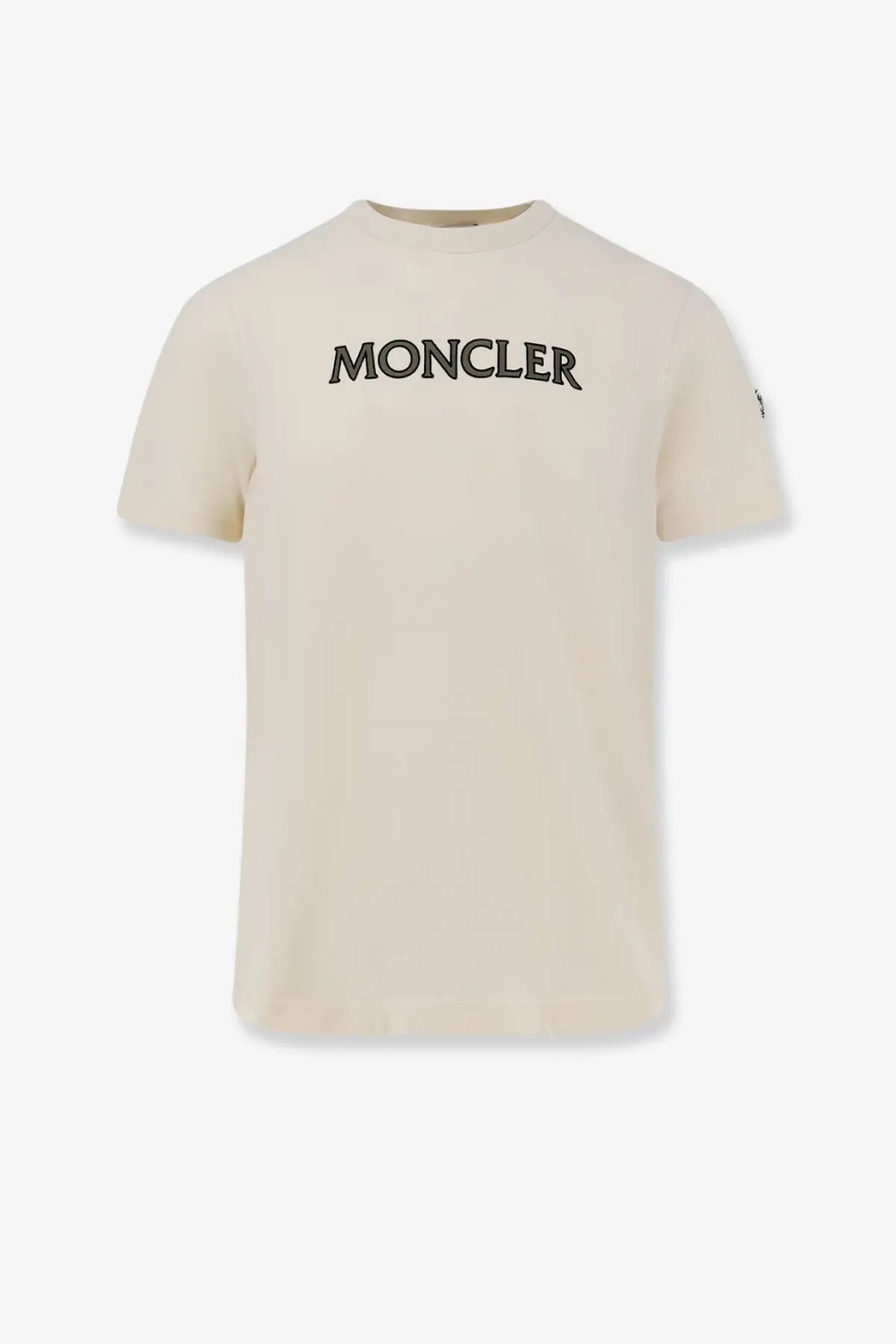 Cream-colored moncler men’s cotton t-shirt with black embroidered logo across the chest in white color