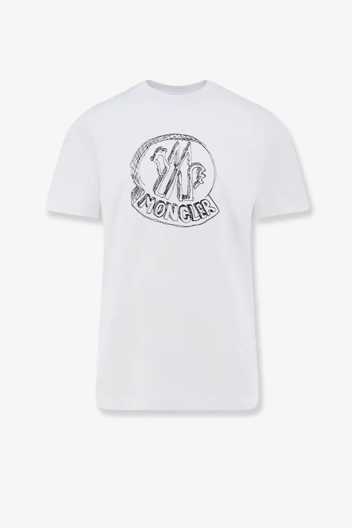 Moncler men’s white cotton t-shirt with a black sketch-style logo on the chest
