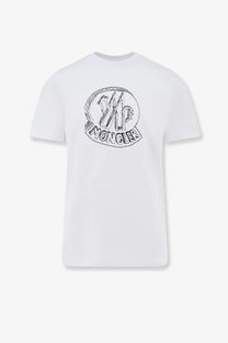 Moncler men’s white cotton t-shirt with a black sketch-style logo on the chest