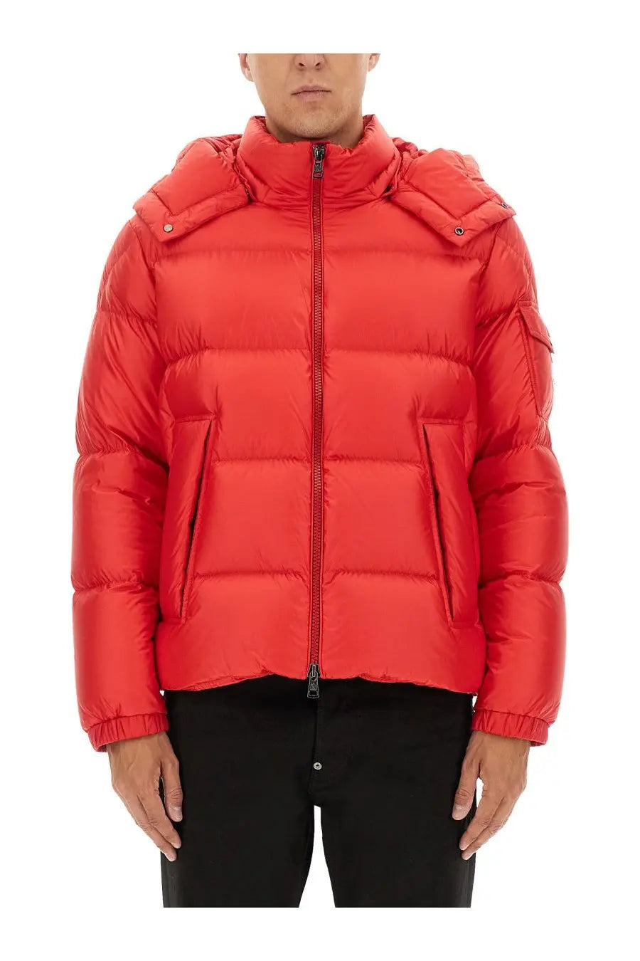 Moncler men’s bright red down puffer jacket couyere with hood quilted design and front zipper