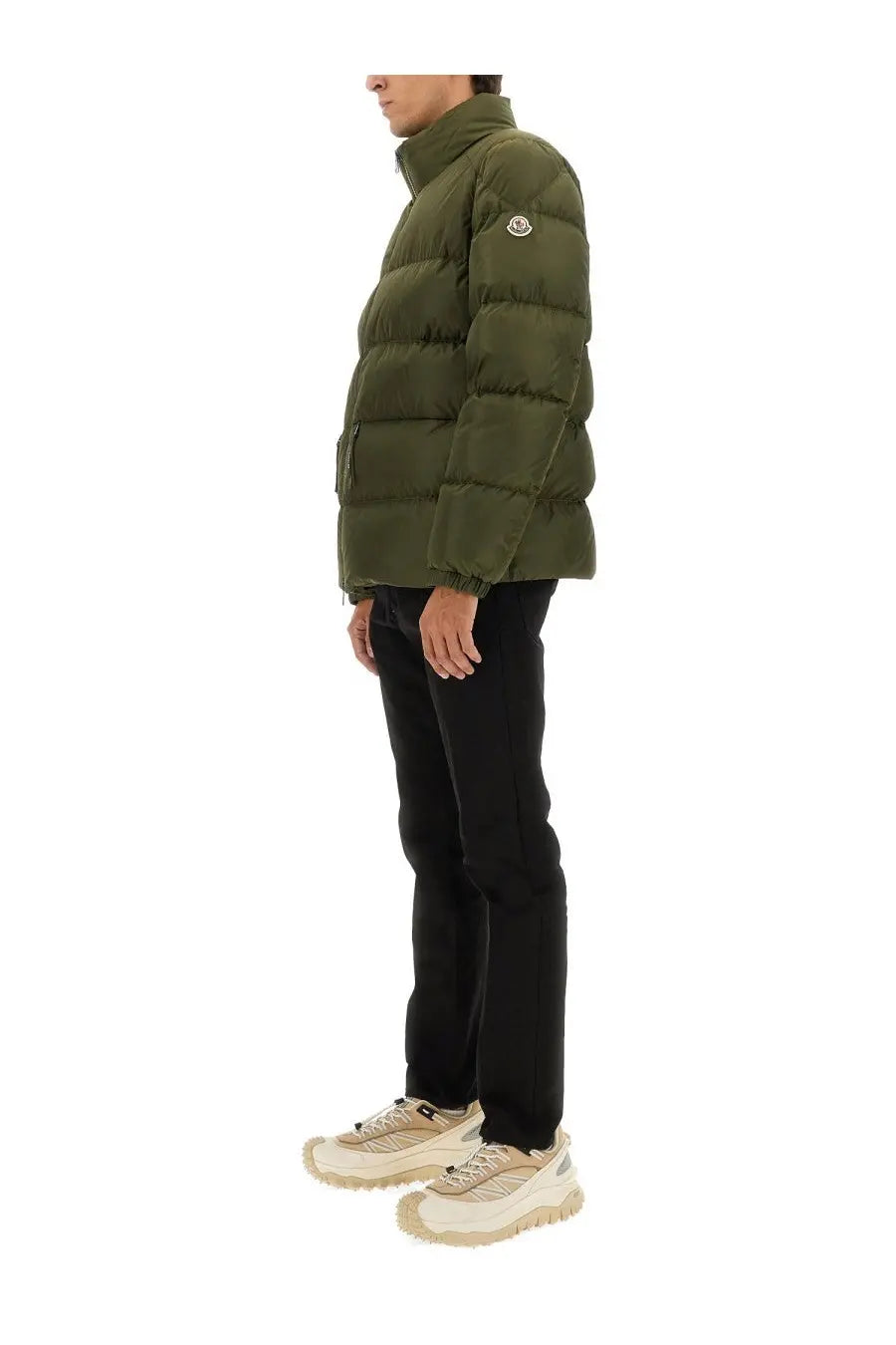 Moncler men’s down jacket tuileries green olive with quilted design and circular logo on left sleeve
