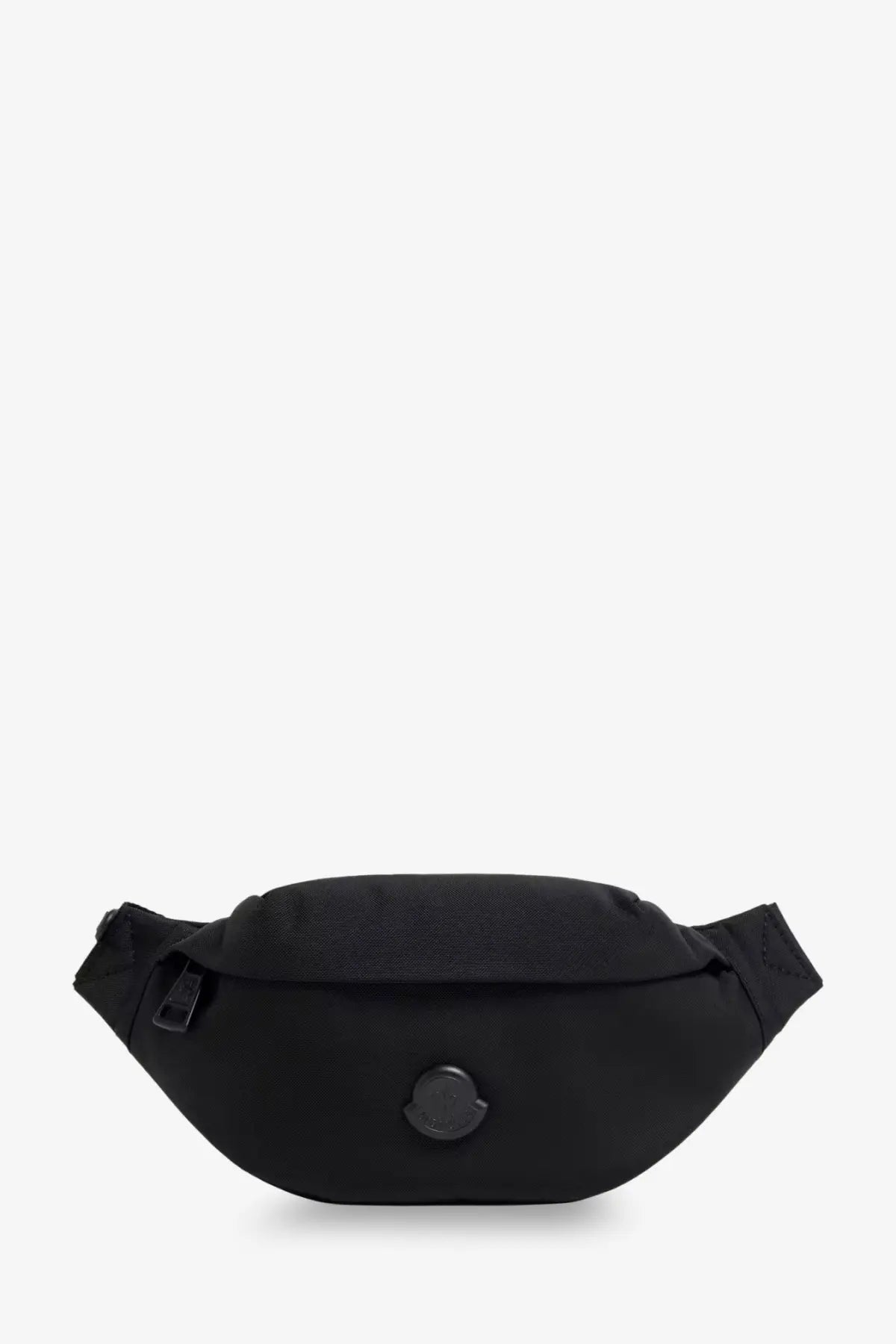 Moncler men’s Durance small black waist bag with sleek minimalist design and subtle logo emblem on front