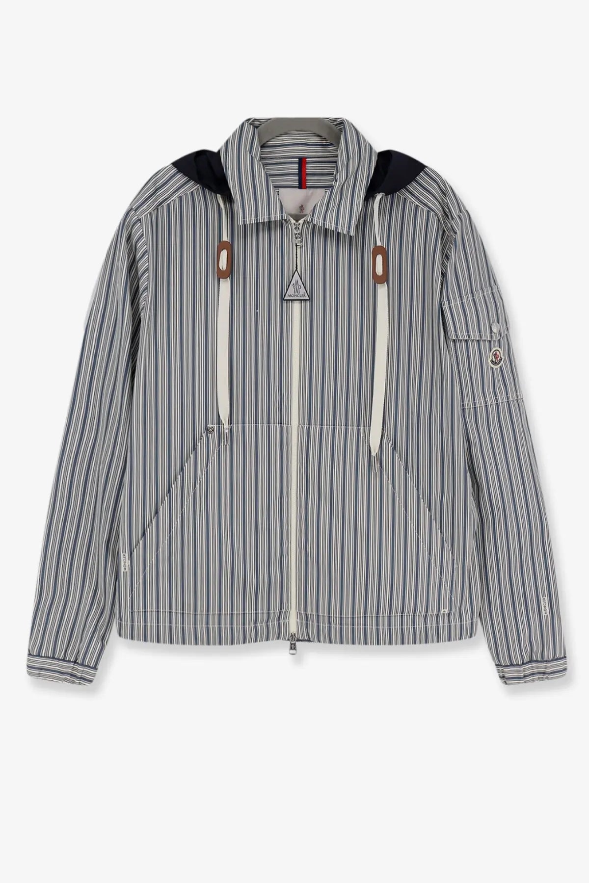 Moncler men’s havas striped cotton jacket blue with navy and white vertical stripes black hood lining and brown toggle pulls