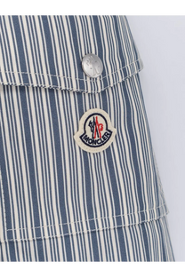 Blue and white vertically striped moncler denim shorts with silver button and embroidered logo patch