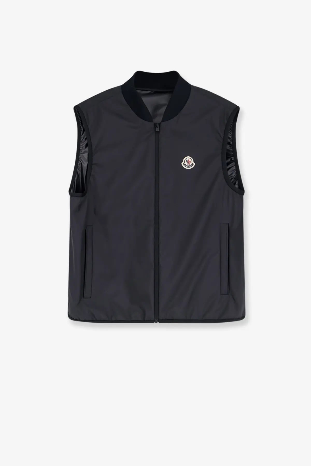 Moncler men’s Hemmoor jacket black vest with subtle sheen ribbed collar sleeves side pockets and logo on left chest
