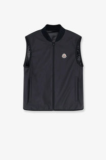 Moncler men’s Hemmoor jacket black vest with subtle sheen ribbed collar sleeves side pockets and logo on left chest