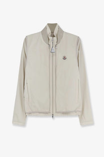 Moncler men’s Hemmoor jacket white beige with ribbed collar front zipper and logo on chest in a lightweight material