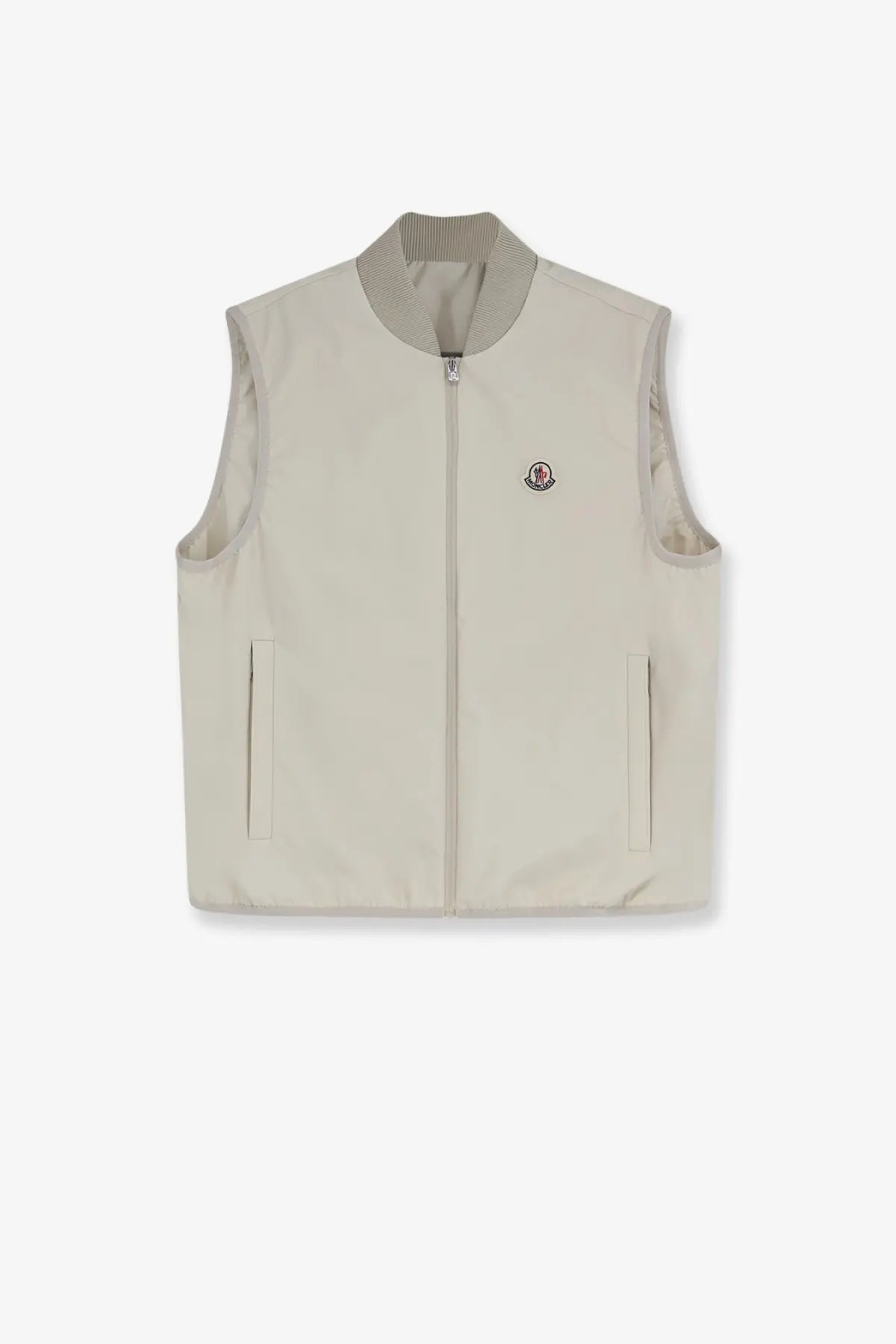 Beige Moncler men’s Hemmoor vest with ribbed collar, front zipper, and two side pockets in white