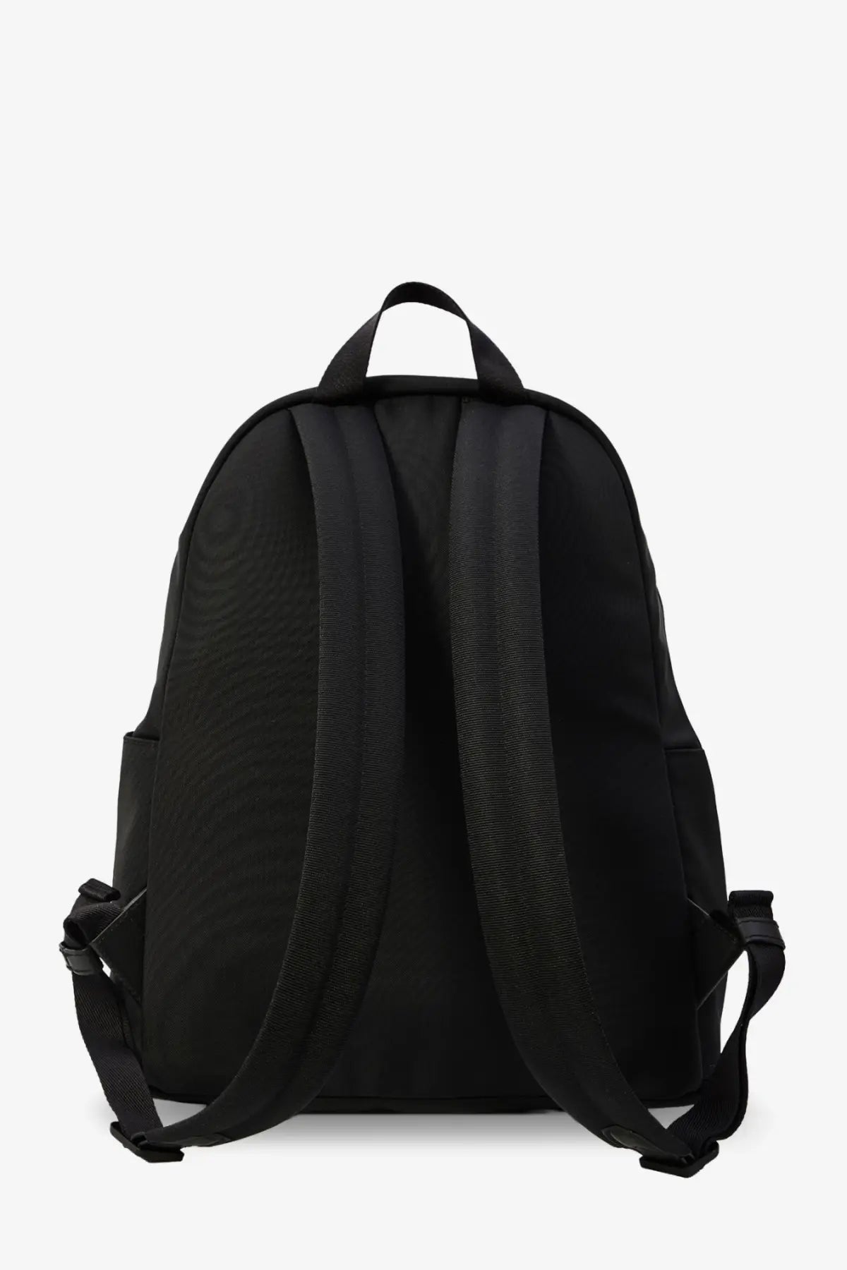 Moncler men’s new pierrick black nylon backpack with padded shoulder straps and top handle shown from the back side