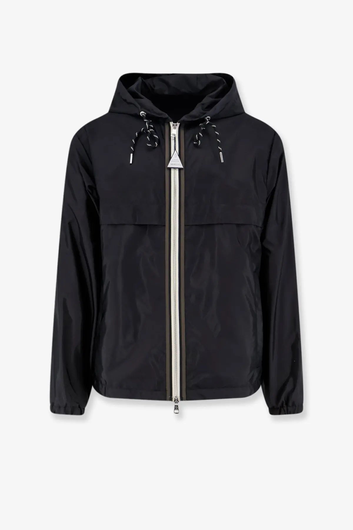 Moncler men’s nidge jacket black hooded with silver zipper and drawstrings featuring sleek modern design