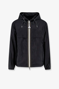 Moncler men’s nidge jacket black hooded with silver zipper and drawstrings featuring sleek modern design