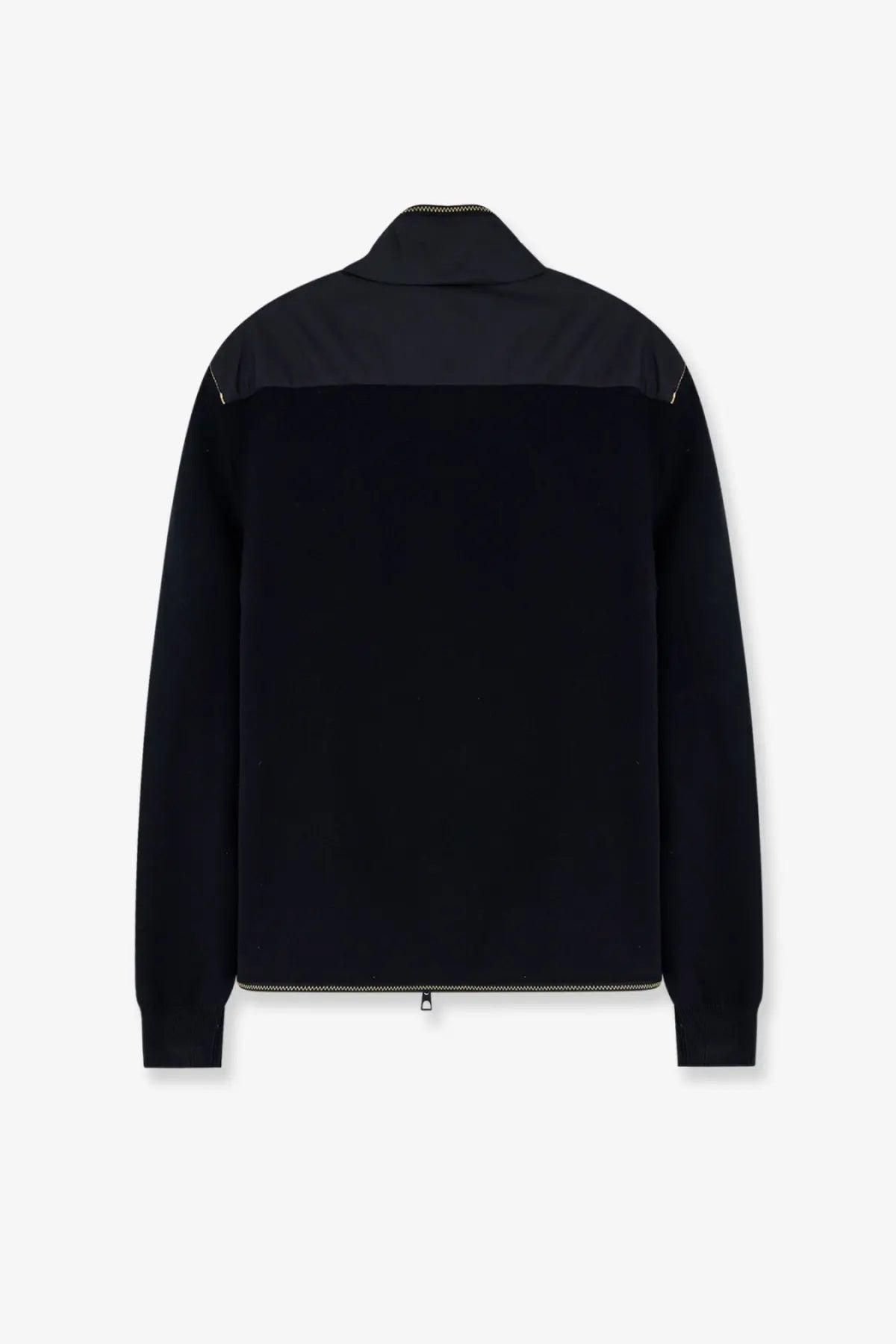 Moncler men’s black nylon zip-up jacket with contrasting matte shoulder panel and subtle stitching details