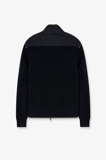 Moncler men’s black nylon zip-up jacket with contrasting matte shoulder panel and subtle stitching details