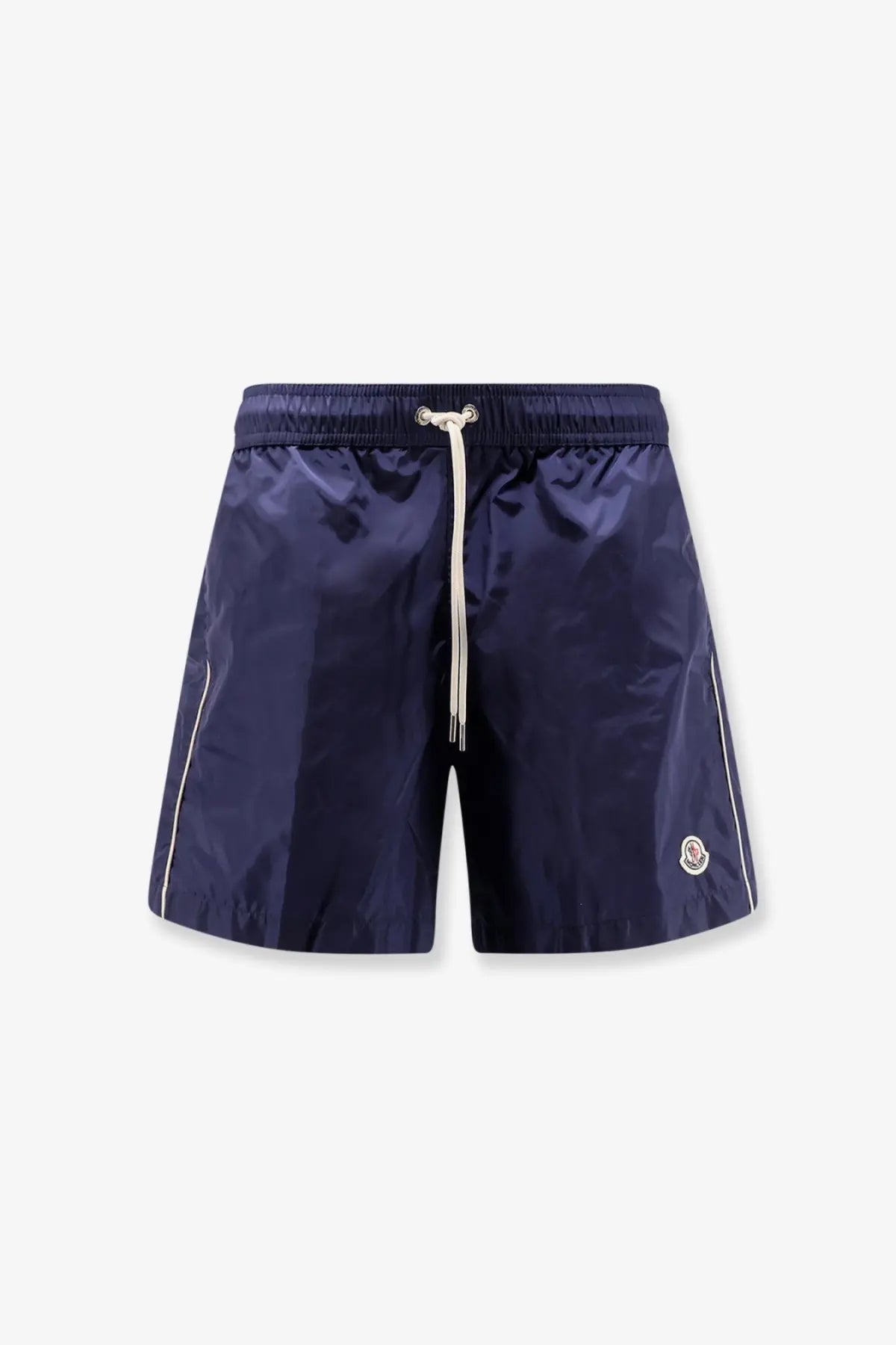 Moncler men’s navy blue nylon swim shorts with white drawstring and side stripes for beachwear