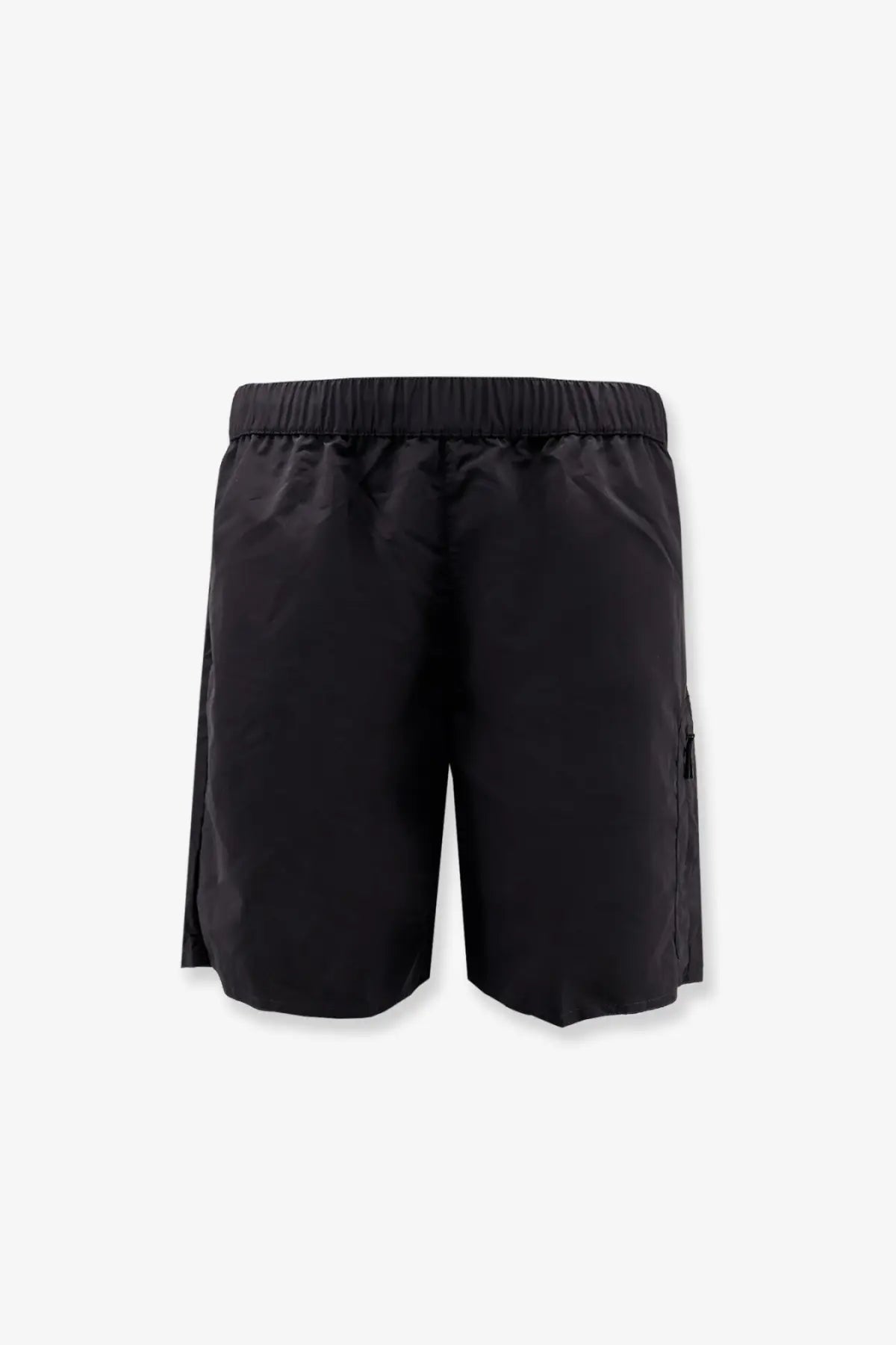 Moncler men’s black nylon swim trunks with elastic waistband and subtle side pocket for comfortable wear