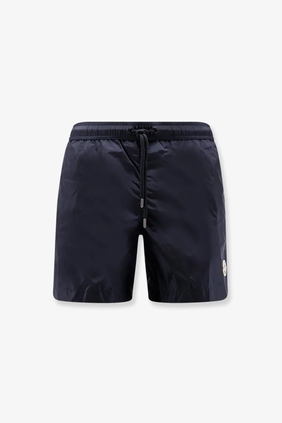 Moncler men’s navy blue nylon swim trunks with drawstring waistband and subtle side logo for swimming and beachwear