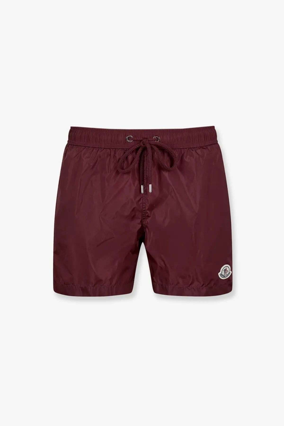 Maroon Moncler men’s nylon swim trunks with drawstring waistband and subtle brand logo on lower leg