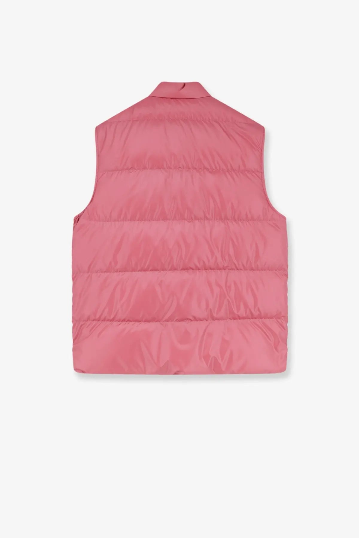 Moncler men’s restigo sleeveless down jacket is a pink quilted puffer vest with stand-up collar and horizontal stitching