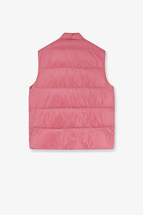 Moncler men’s restigo sleeveless down jacket is a pink quilted puffer vest with stand-up collar and horizontal stitching